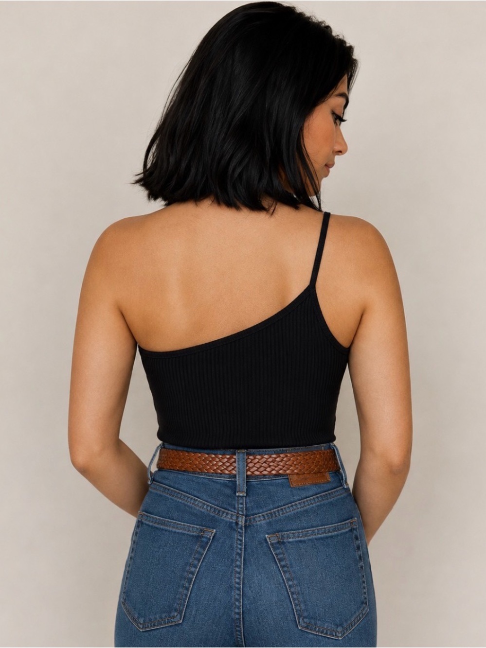 Black Ribbed One-Shoulder Bodysuit - Picture 3 of 4